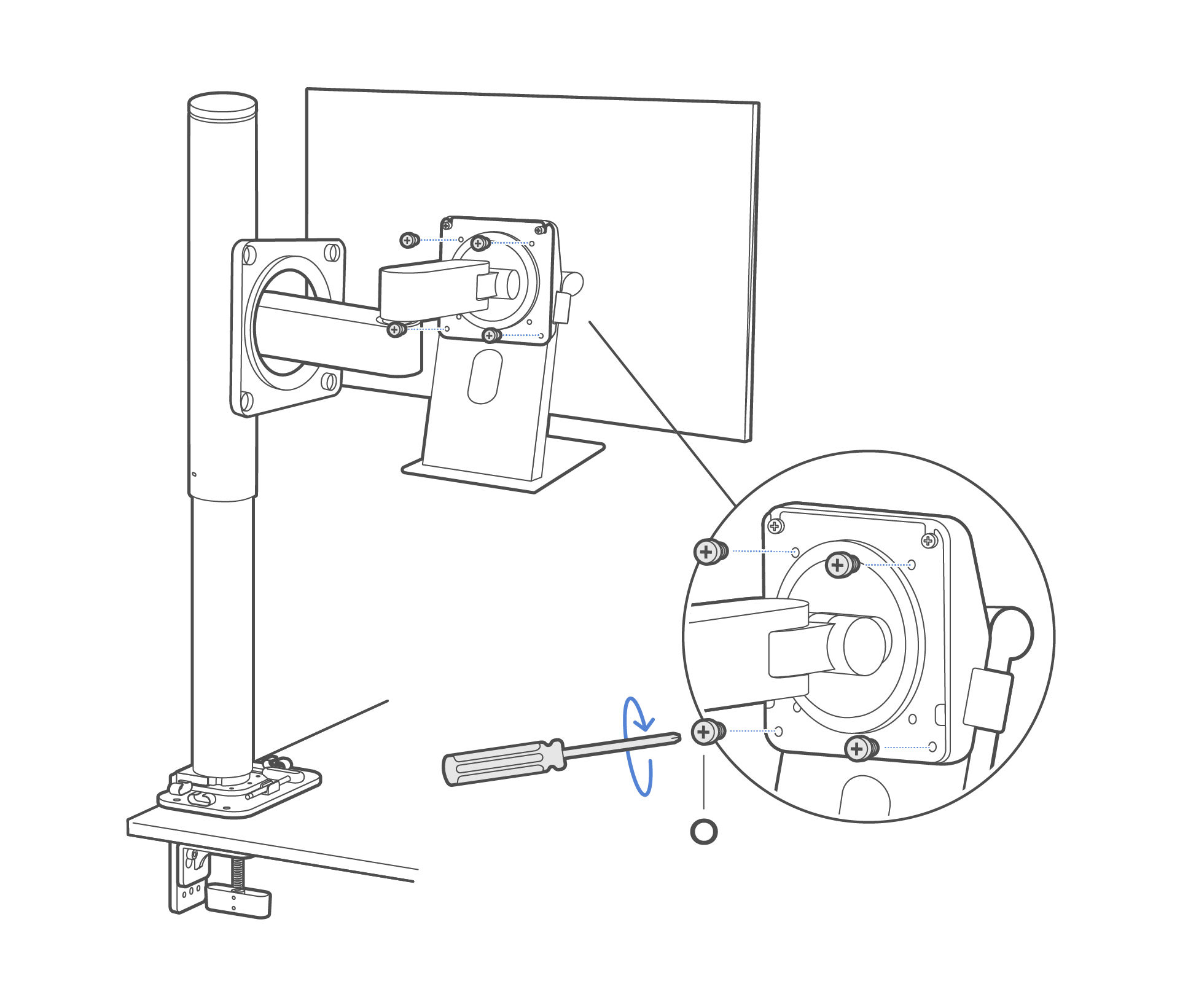 Fasten the four screws (O) with a Phillips screwdriver to secure the display assembly.