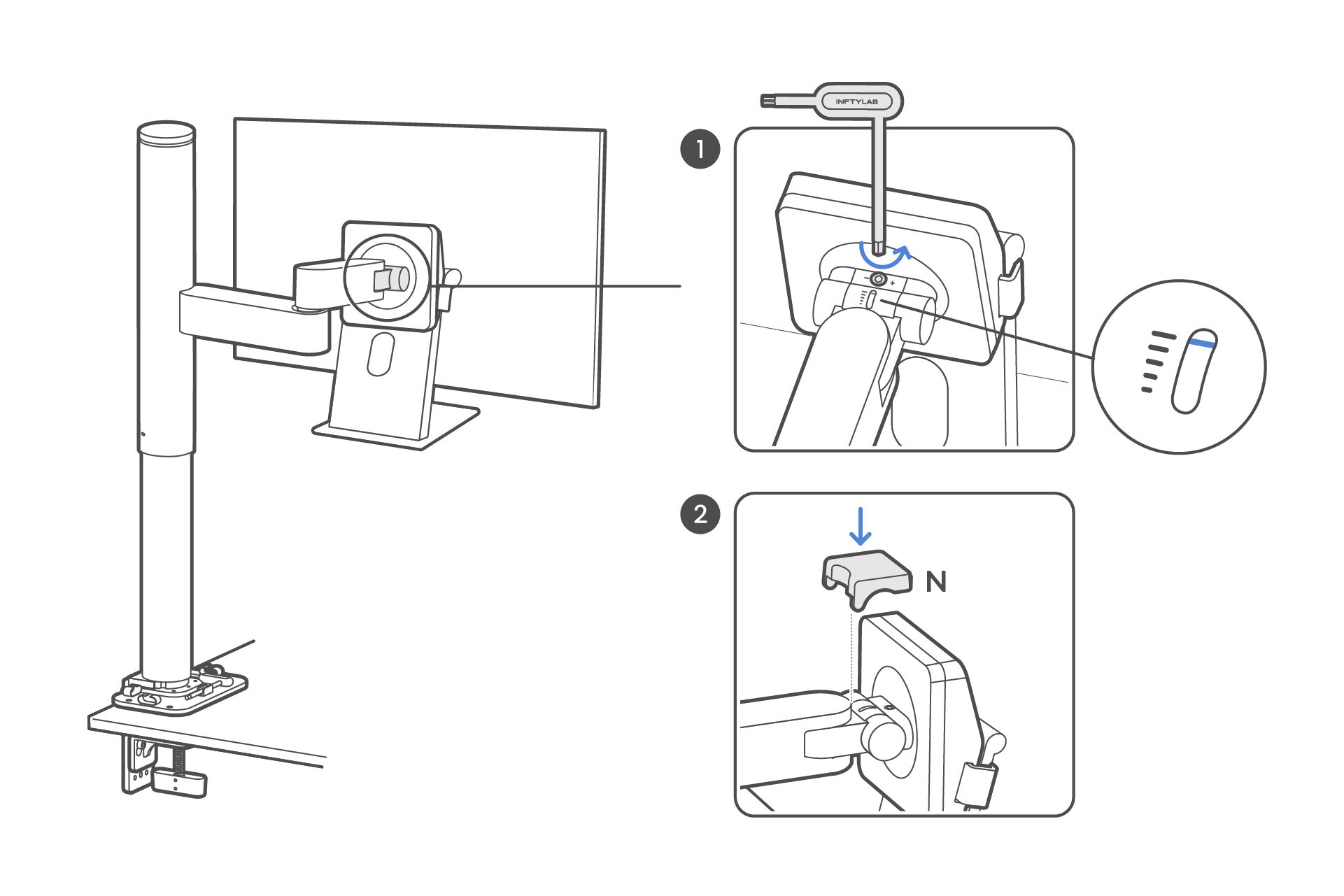 1. Use the 4 mm hex key (I) to adjust the tilt tension. Turn counterclockwise until the alignment indicator aligns with the longest mark to match your display’s weight. 2. Snap the tilt lock (N) onto the tilt joint to secure the display’s native tilt.