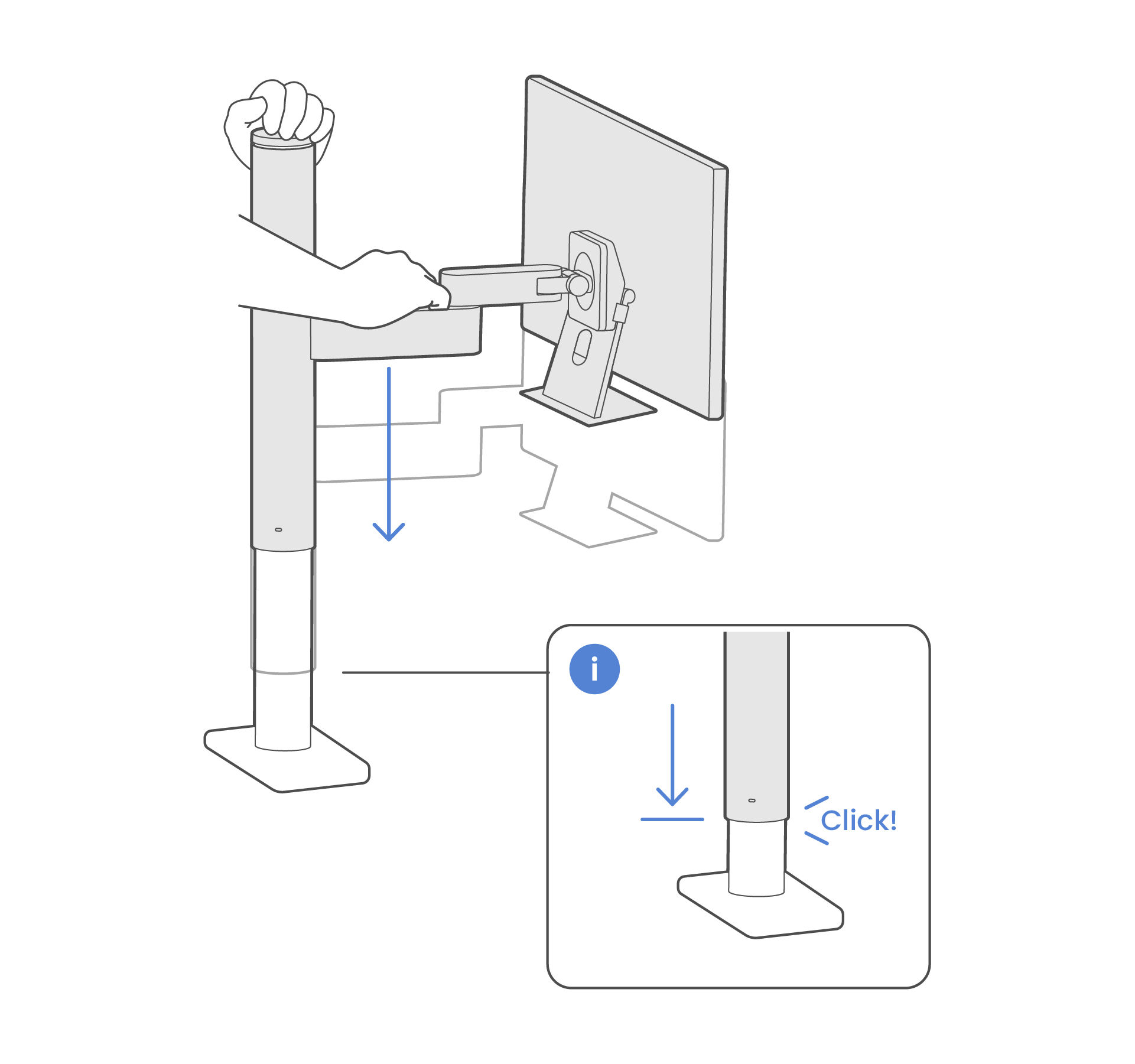 Place one hand on the top of the main pole and hold the lower arm with the other hand. Press down firmly until the arm reaches the bottom and you hear a click.