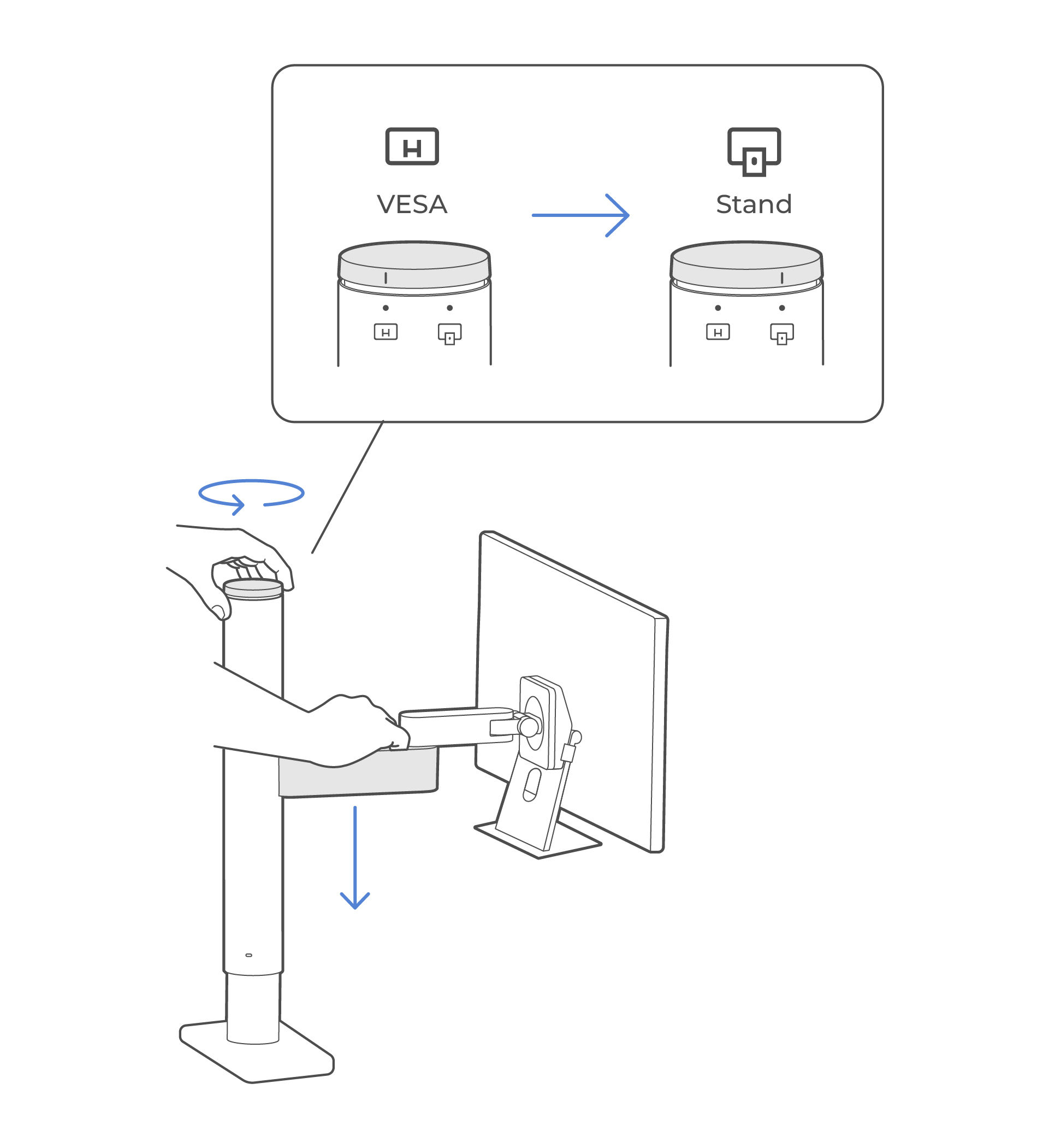 Maintain downward pressure on the arm and rotate the top dial from VESA to Stand.