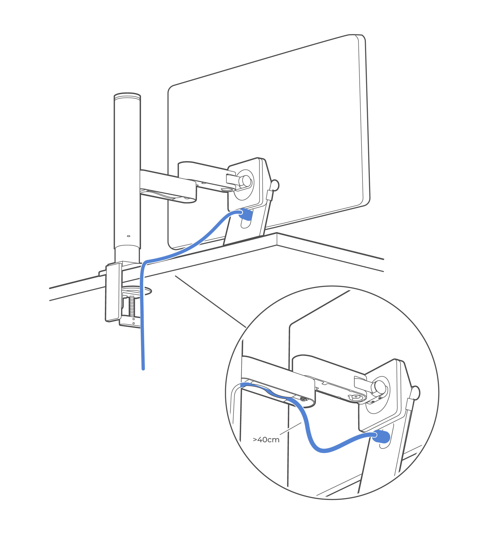 Route the display cables through the cable channel under the arm and down along the pole.