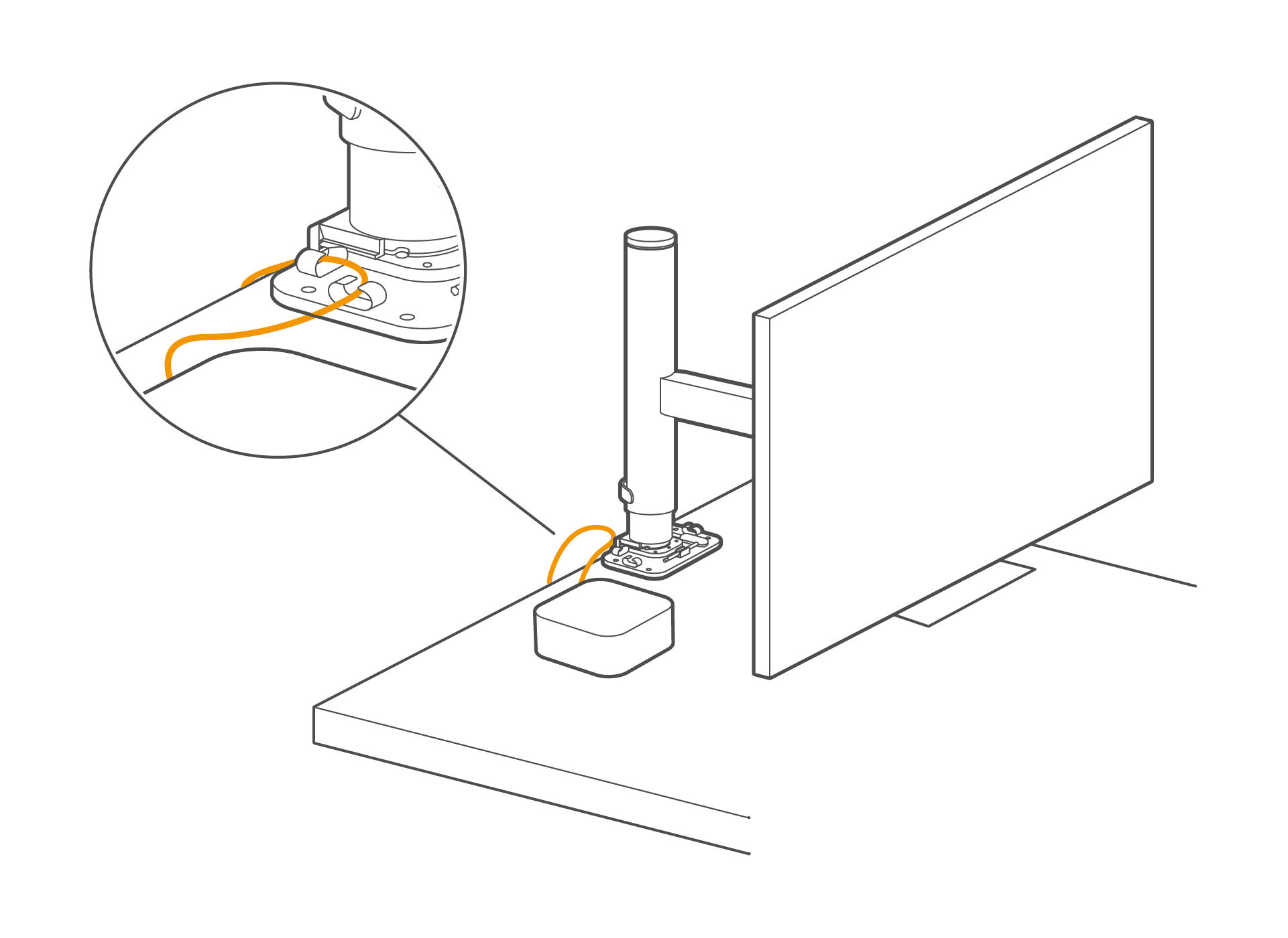 Route cables from your devices through the metal guide on the mount base.