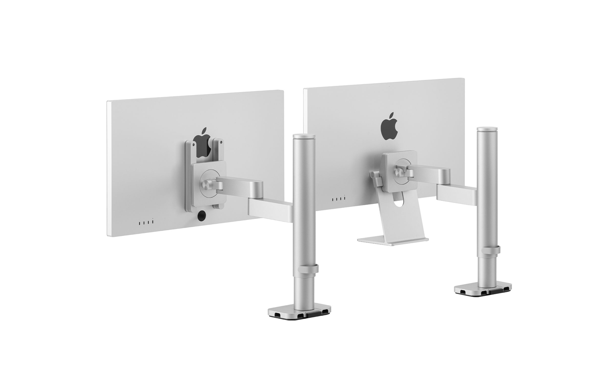 INFTYLAB Studio Arm AM01 shown supporting both stand and VESA versions of Apple Studio Display.