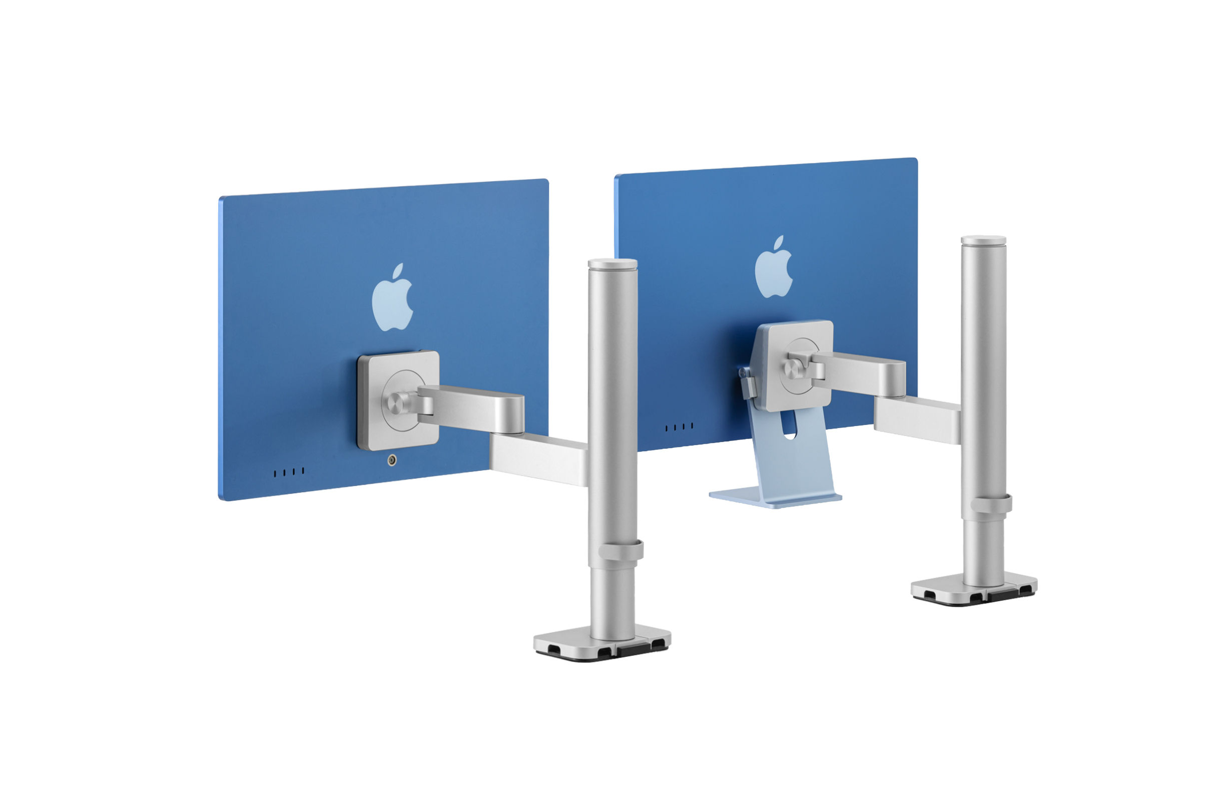 INFTYLAB Studio Arm AM02 shown supporting both stand and VESA versions of iMac.