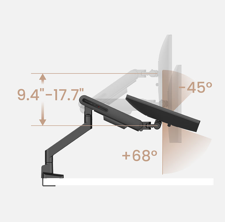 傾斜角度：+68° 至 -45°，       升降高度： 23.8 - 45.4 cm