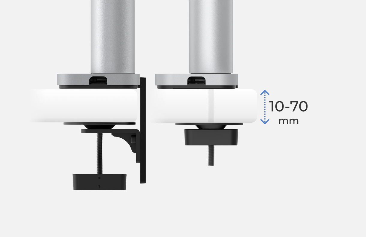 Illustration showing INFTYLAB Studio Arm supporting both C-clamp and grommet mounting for desktops 10–70 mm thick.