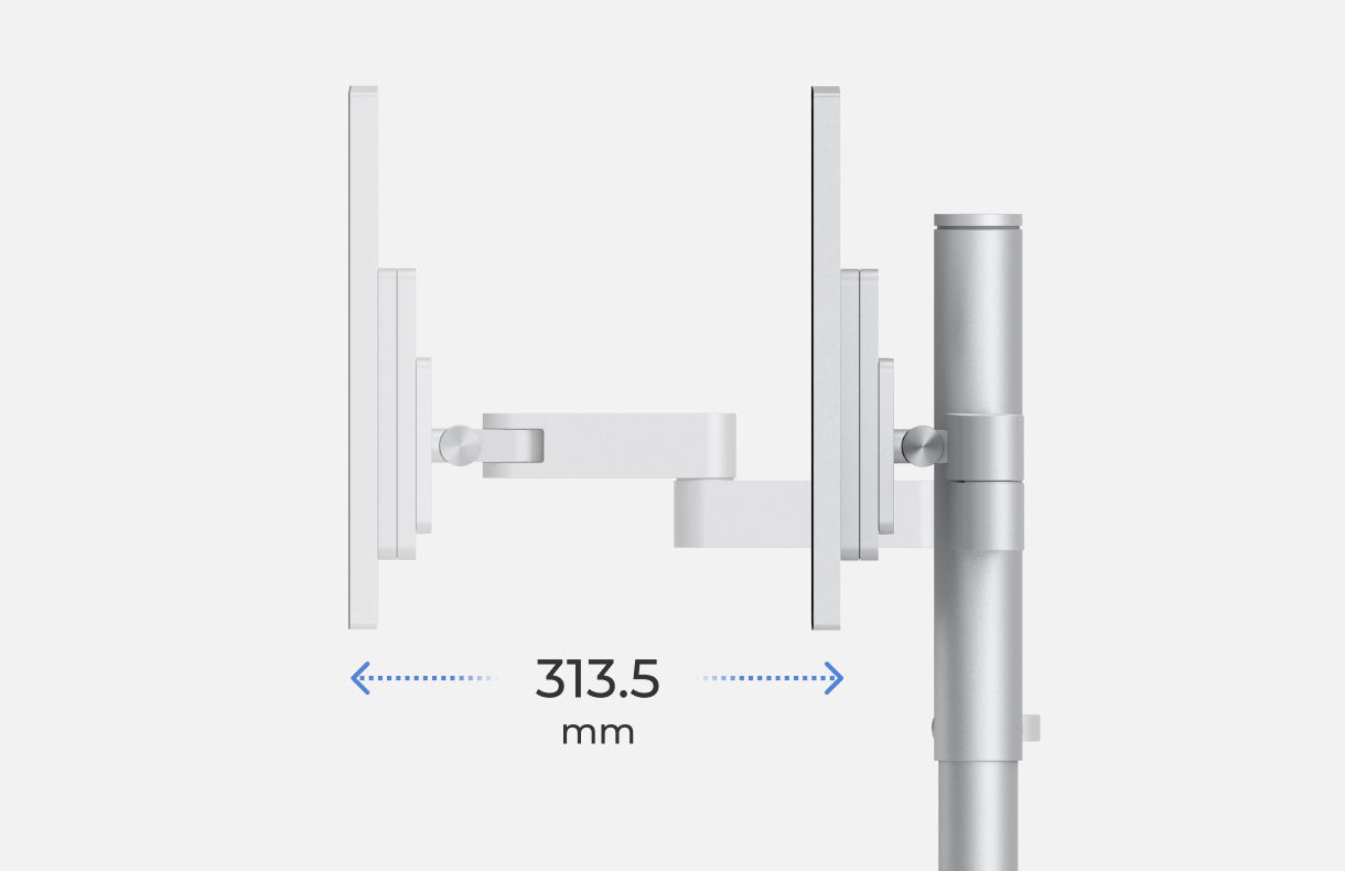 Illustration showing the 313.5 mm extension range of INFTYLAB Studio Arm.