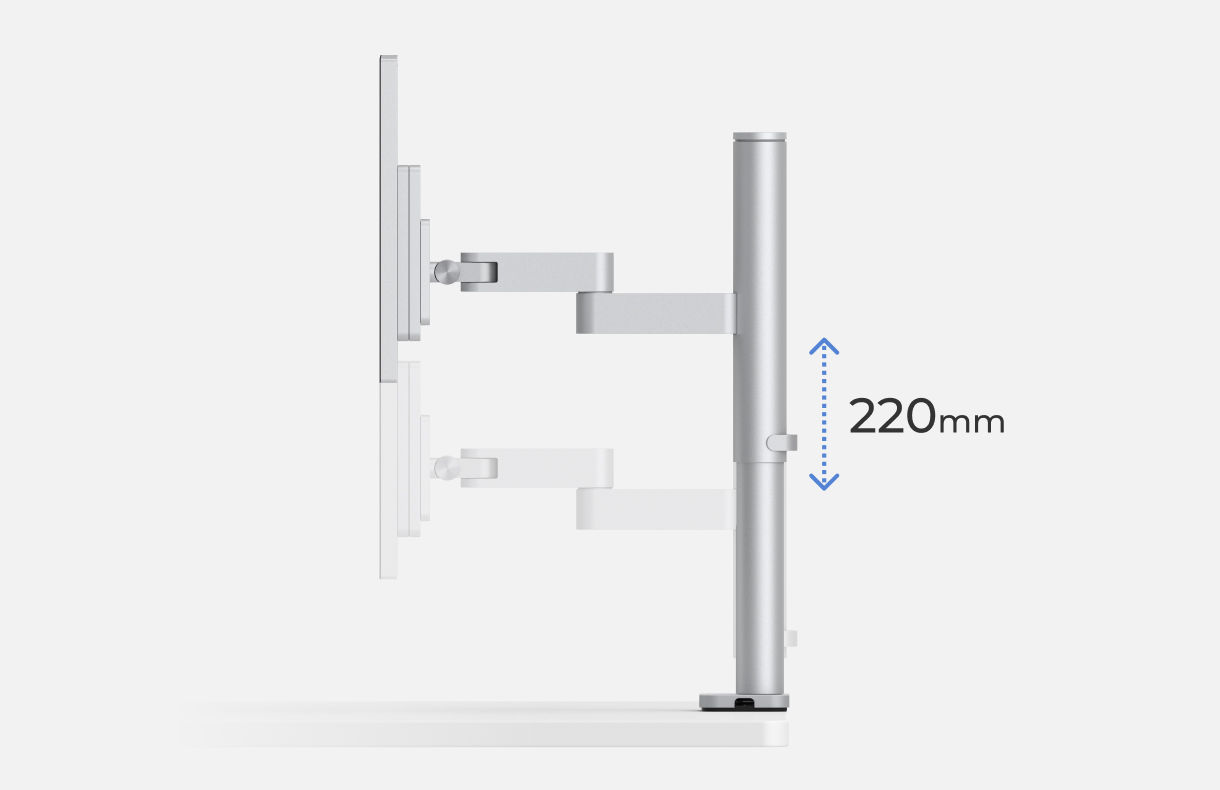 Illustration showing the 220 mm height adjustment range of INFTYLAB Studio Arm.