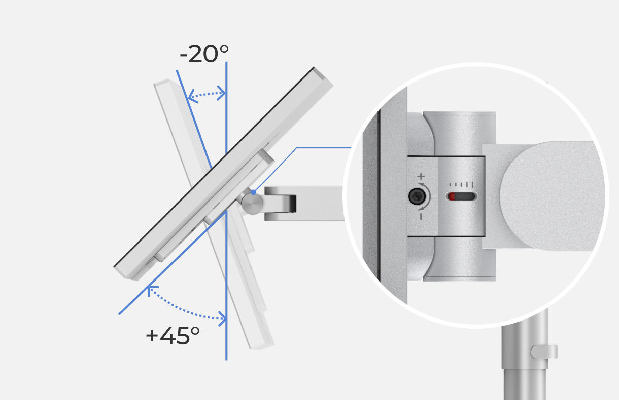 Illustration showing the tilt adjustment range of INFTYLAB Studio Arm from -20° to +45°.