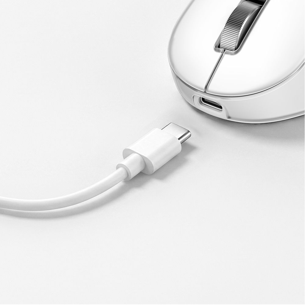 INFTYLAB M Mouse connected with a USB-C cable for wired use and charging.