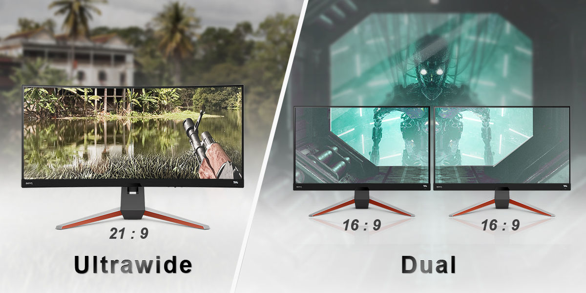 One 21:9 ultrawide monitor is compared with two 16:9 monitors that form a dual screen setup.