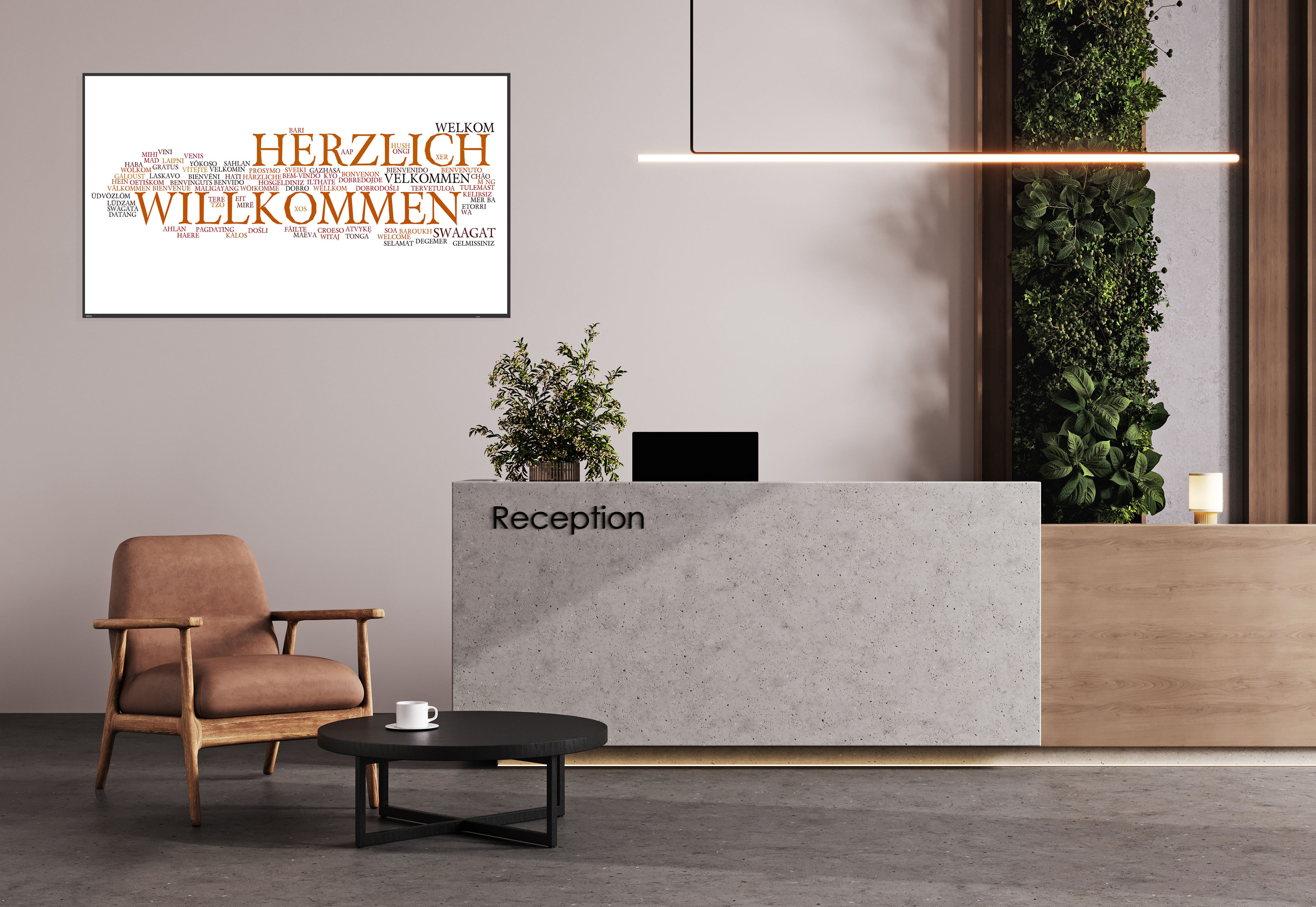 Modern hall interior with reception desk in hotel with wood panel and moss wall, concrete floor, fitness center front desk, 3d rendering