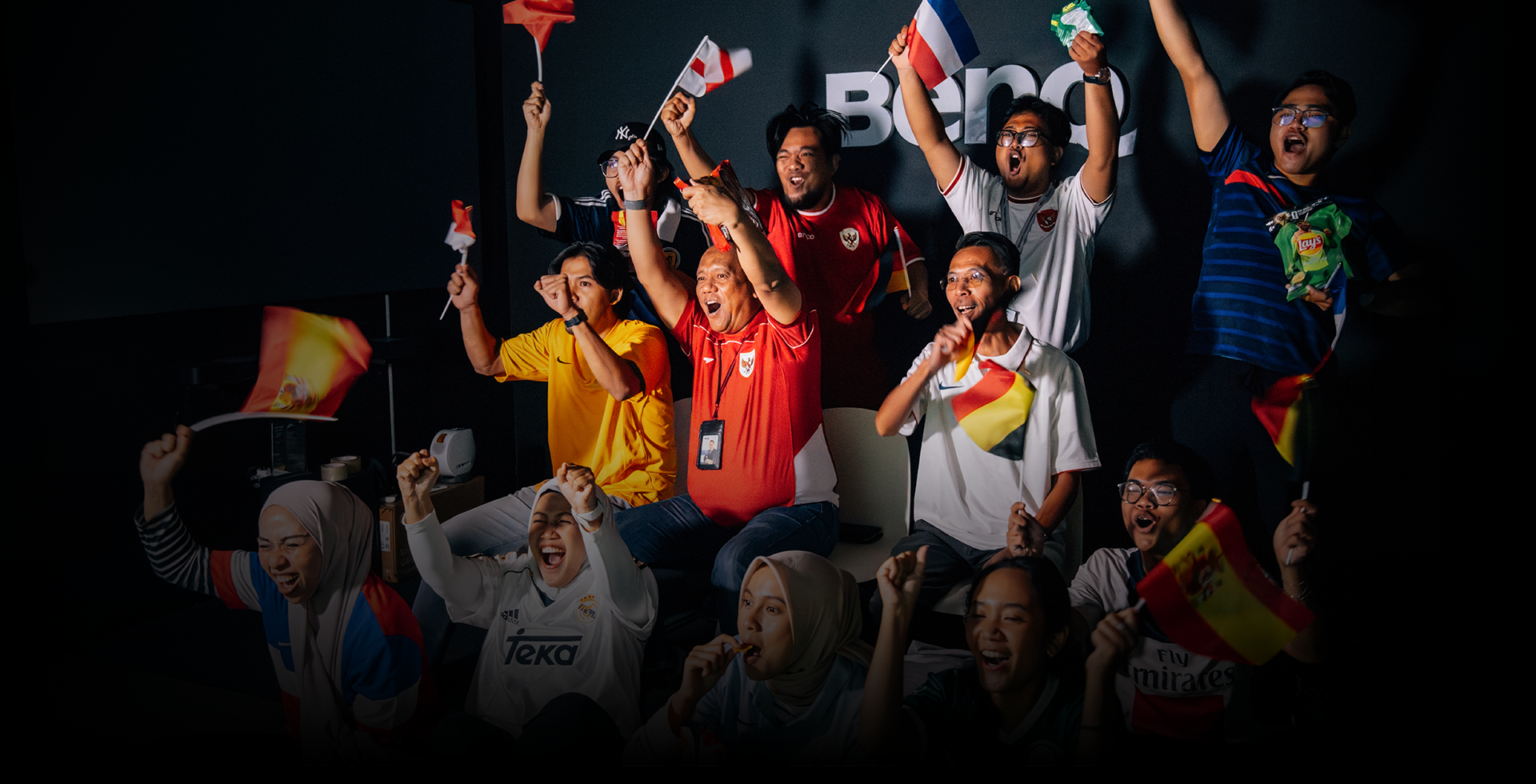BenQ 4K home theater projector displaying a world football match on a large screen for an immersive stadium-like living room experience during the 2026 tournament.