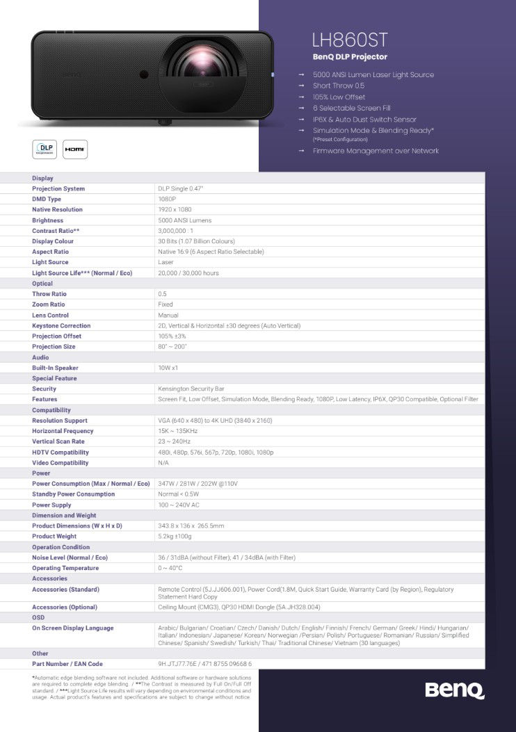 BenQ DLP LH860ST projector key features