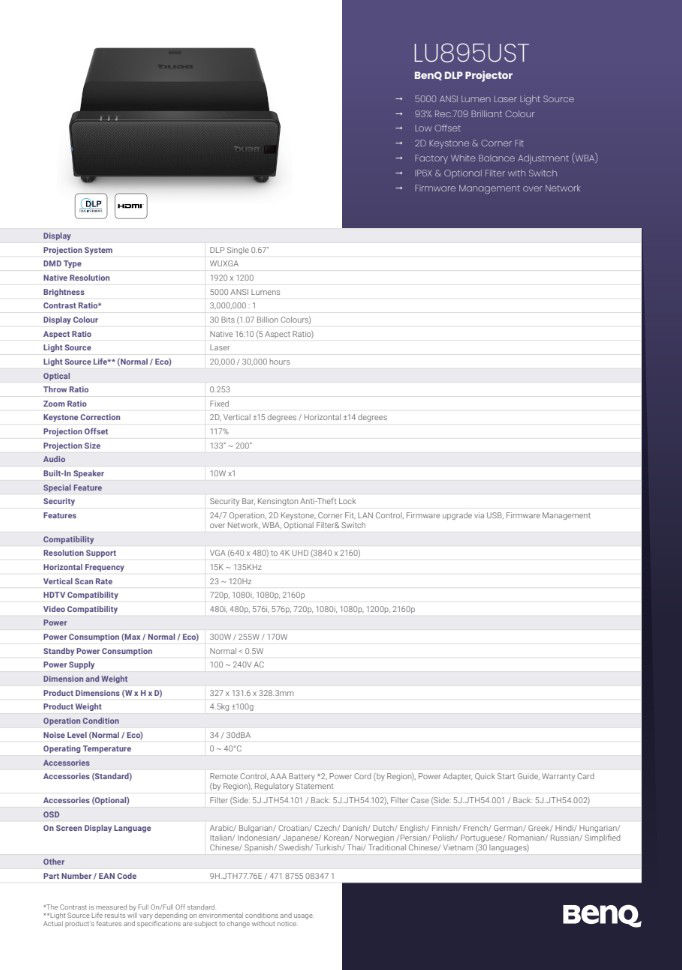 BenQ DLP LU895UST projector key features