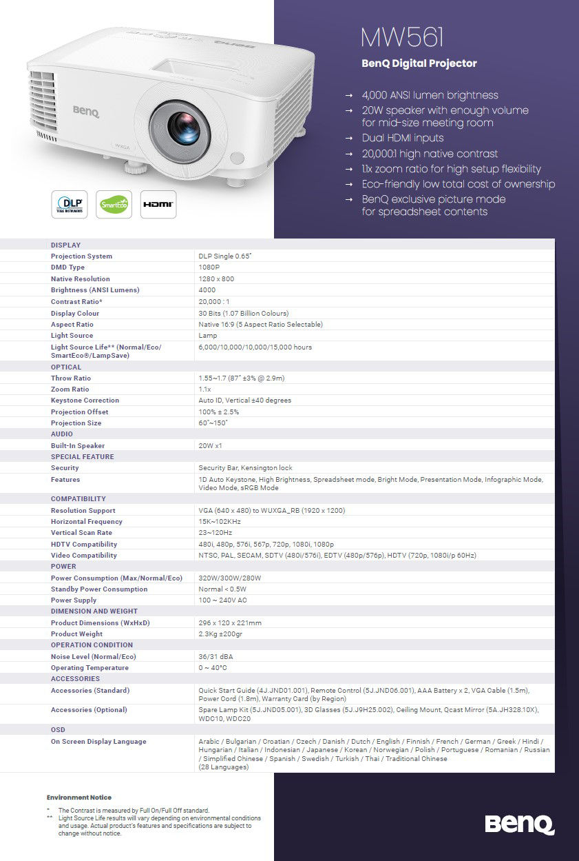 BenQ DLP LH600ST projector key features