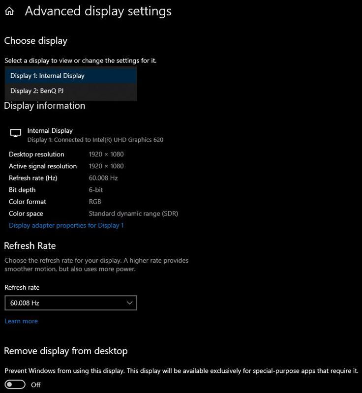 Pilih Display 2: BenQ PJ, lalu klik Display Adapter Properties untuk Display 2