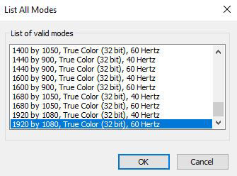 Pilih List All Mode, lalu pilih resolusi output yang dirancang untuk proyektor Anda (seperti gambar)