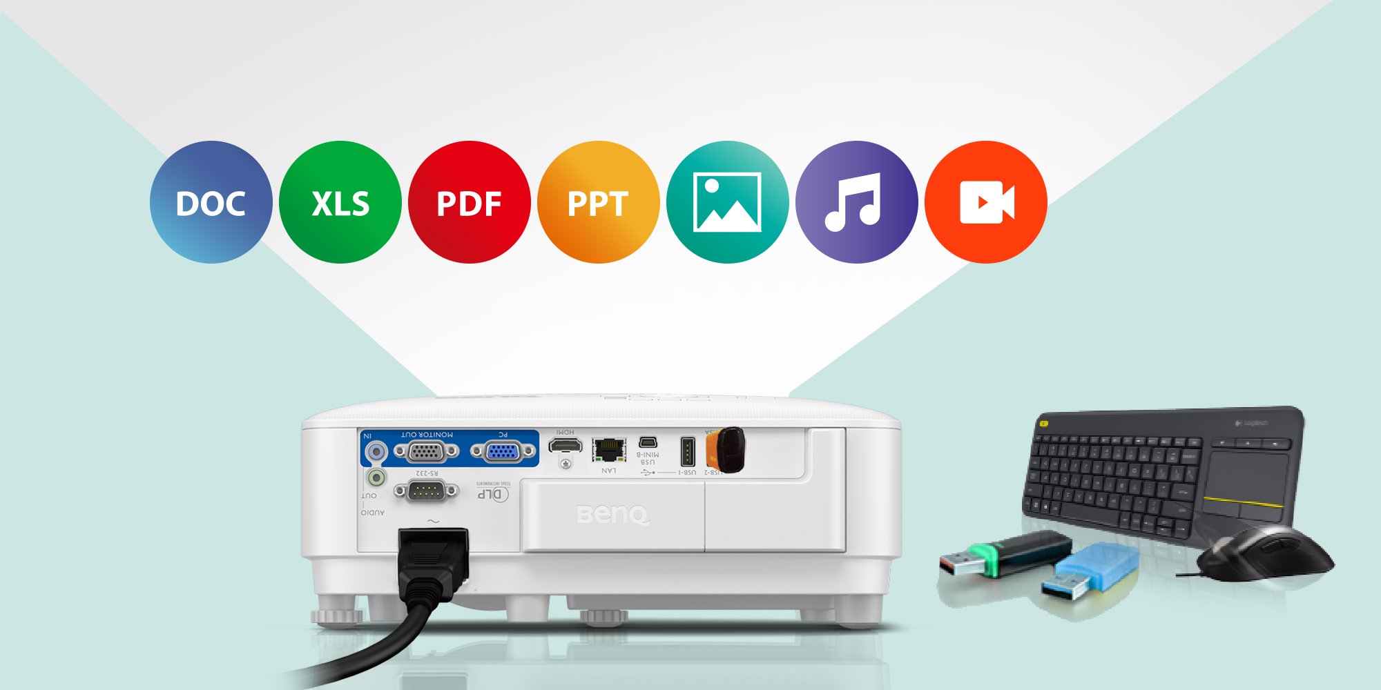 EW800ST USB supporting a wide range of file formats including JPEG, PDF, Microsoft Word, Excel, PowerPoint files