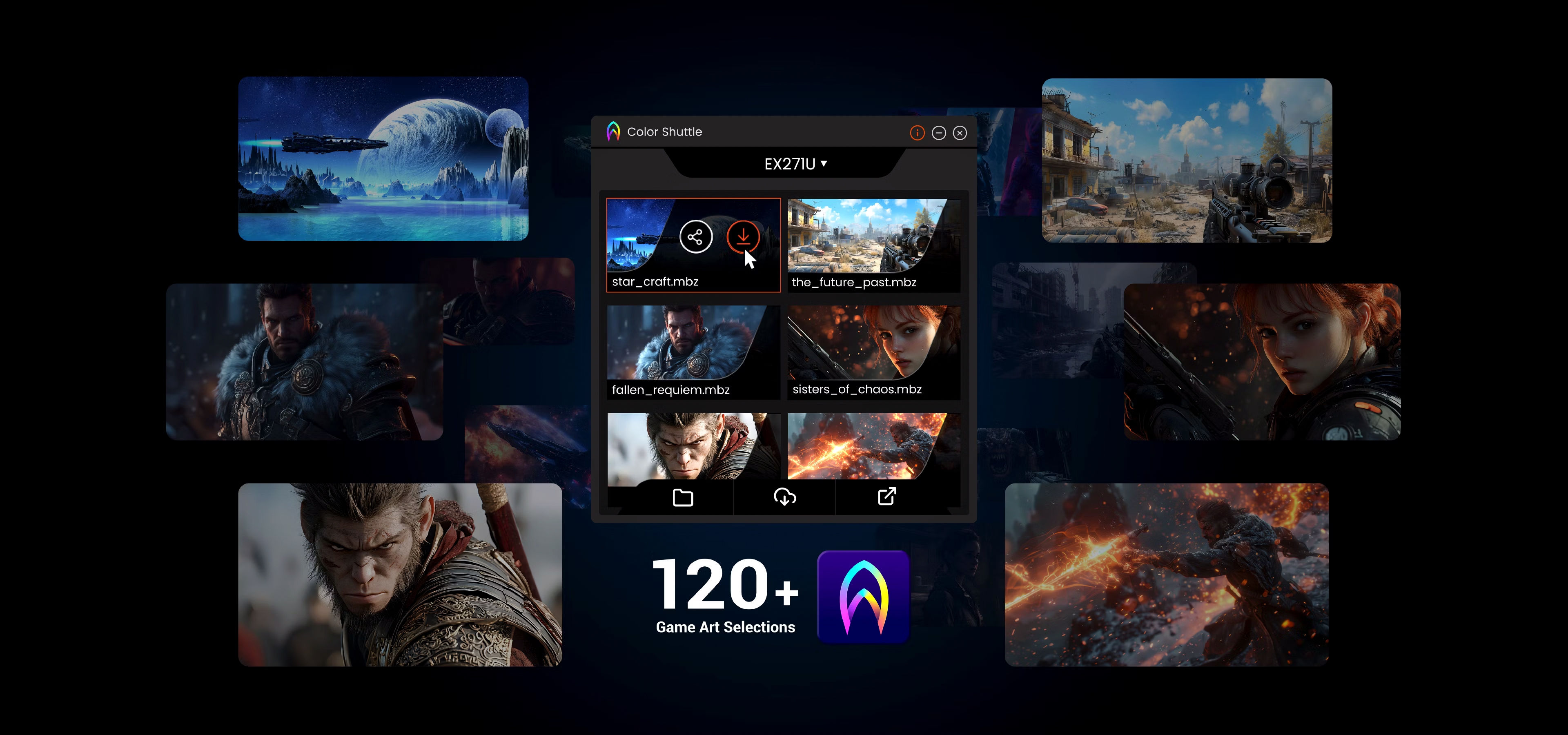 BenQ MOBIUZ carefully crafted 120+ game art color profiles that are available for download from the Color Shuttle software.