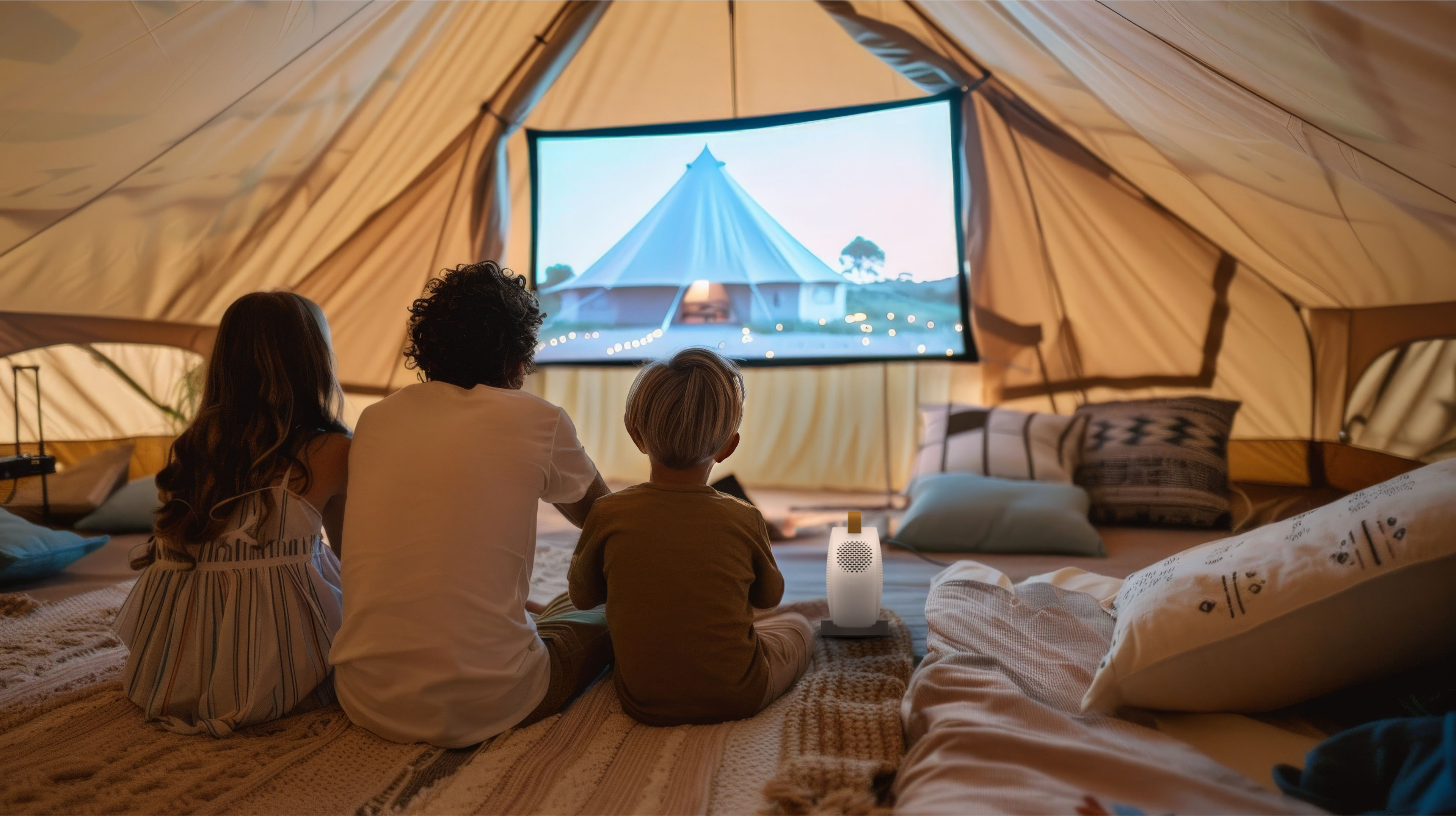 Familie schaut im Zelt einen Film auf dem BenQ GV50
