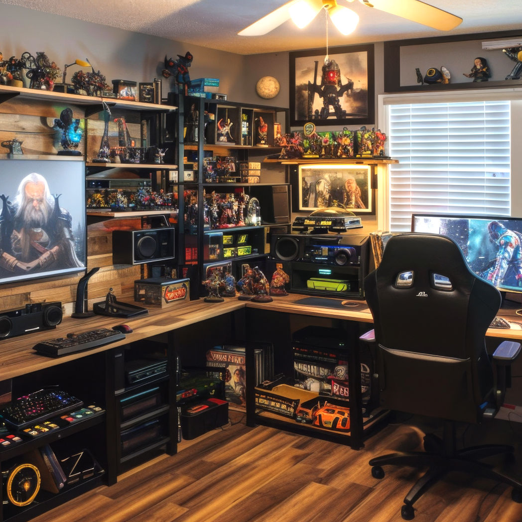 kleine gameroom met thematische decoratie