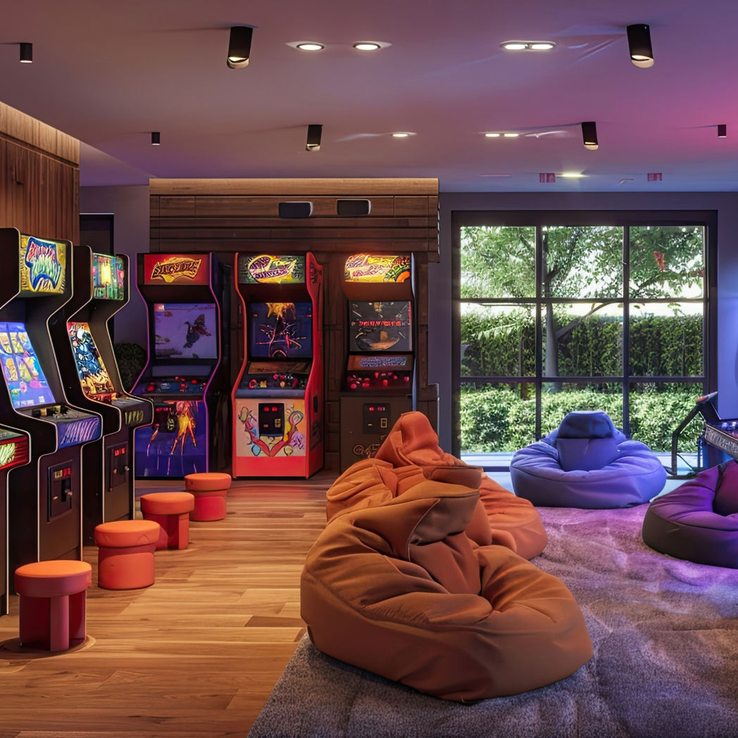 large retro game room with seating