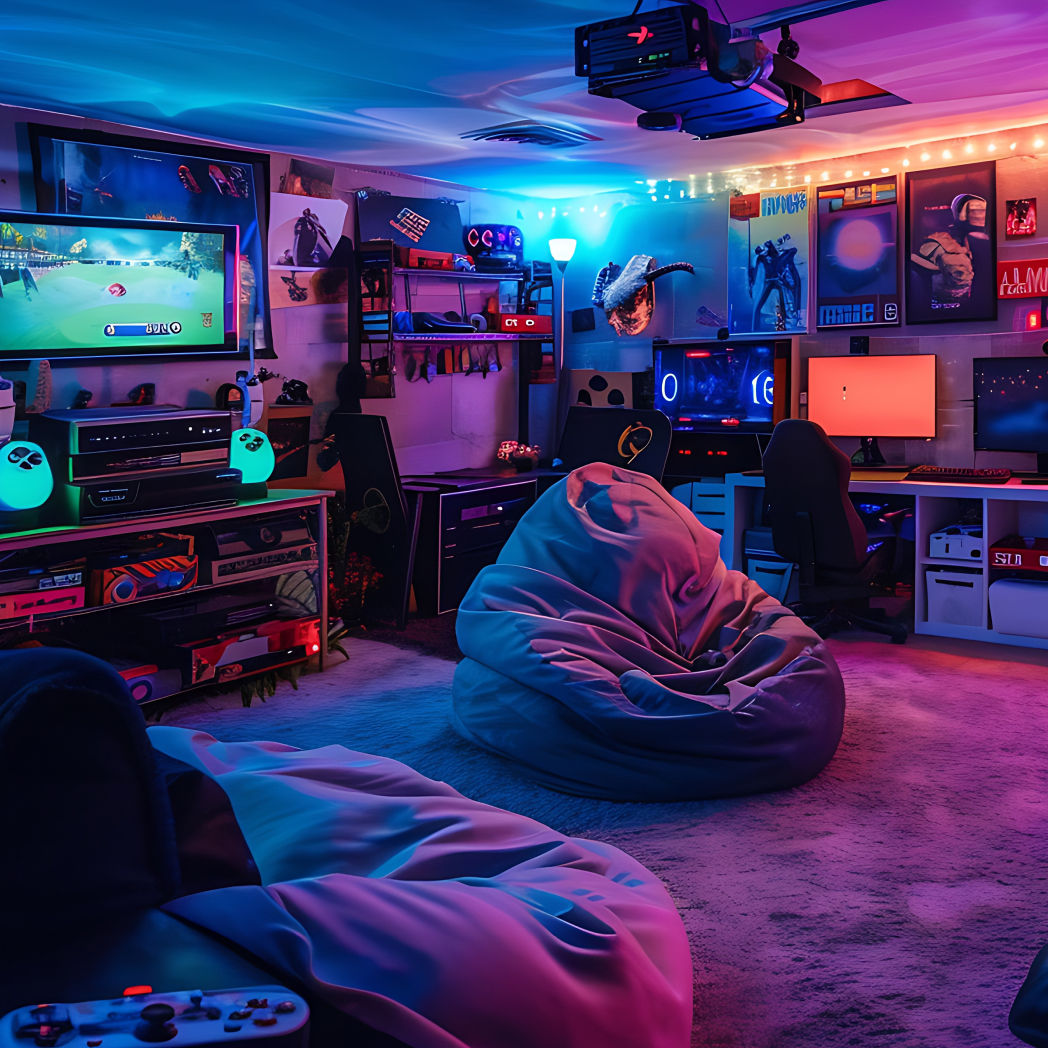 kleine retro gameroom met zitplaatsen