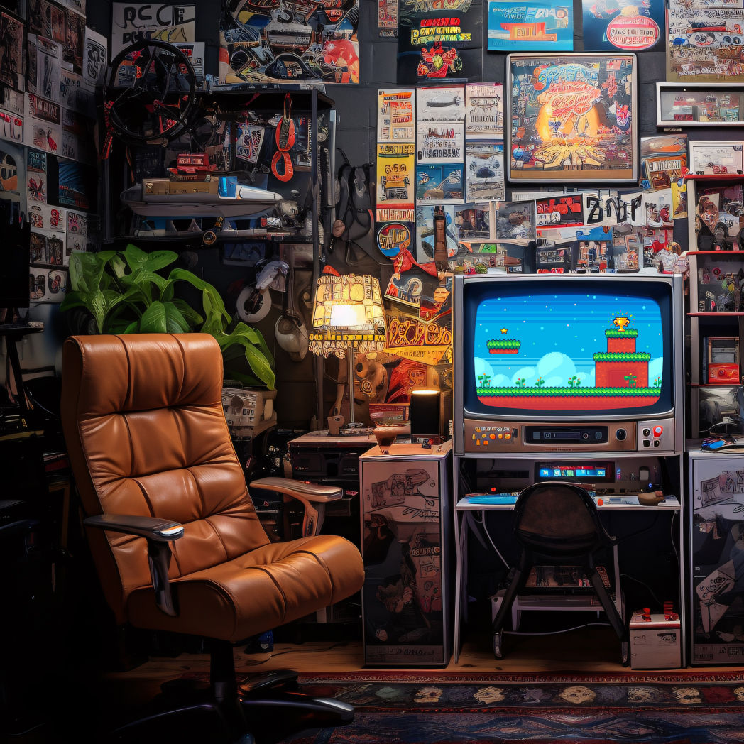 malá retro herní místnost s vintage dekorací