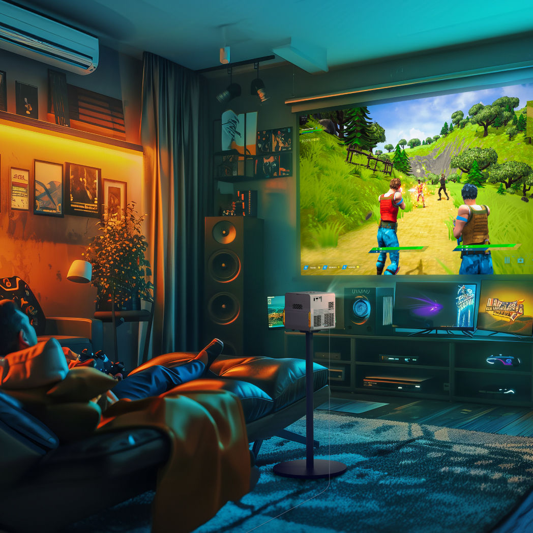 projector game room with comfortable bed