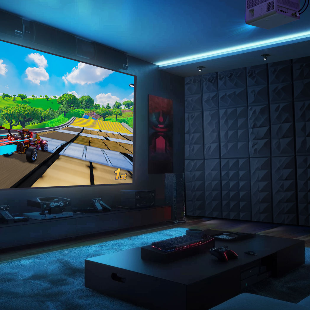 projector game room with soundproofing