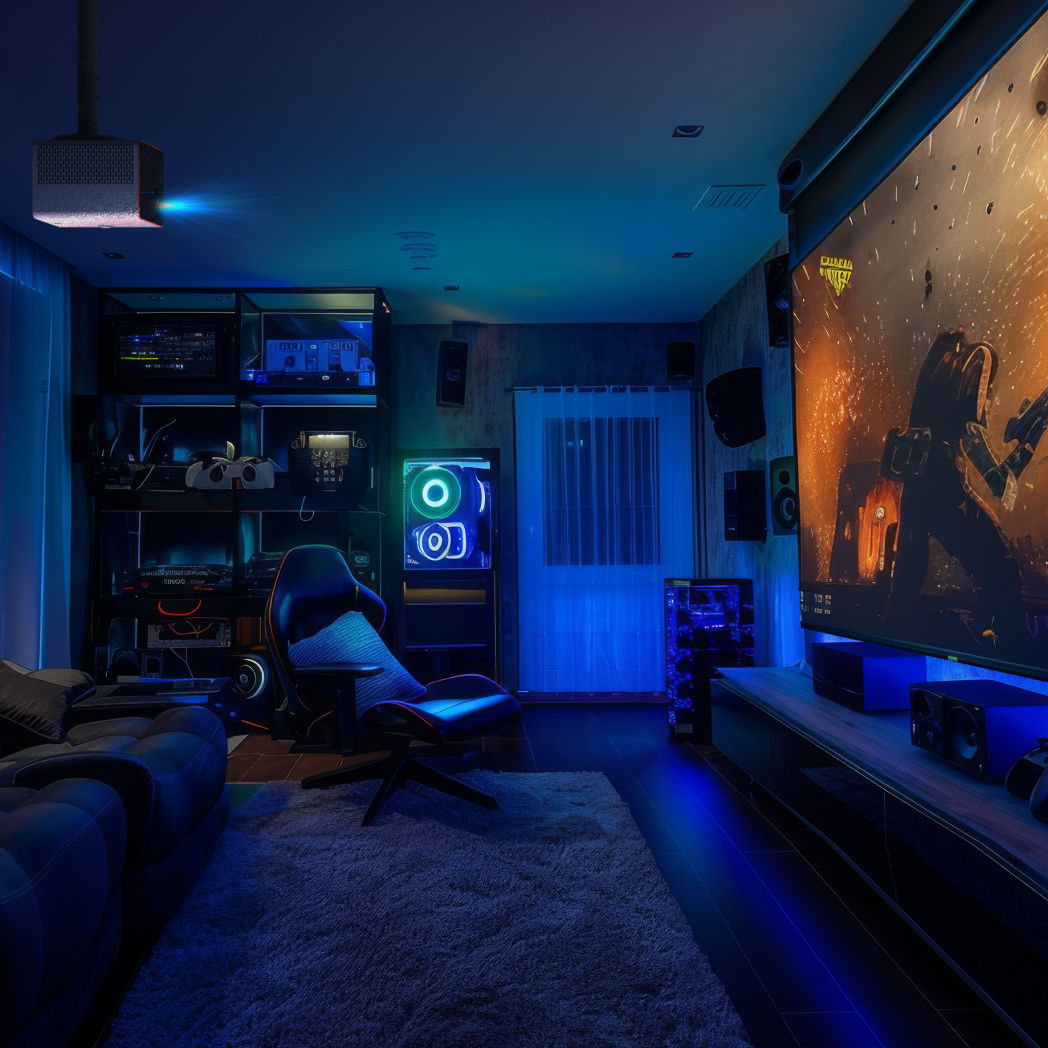 kleine gameroom met comfortabele zitplaatsen