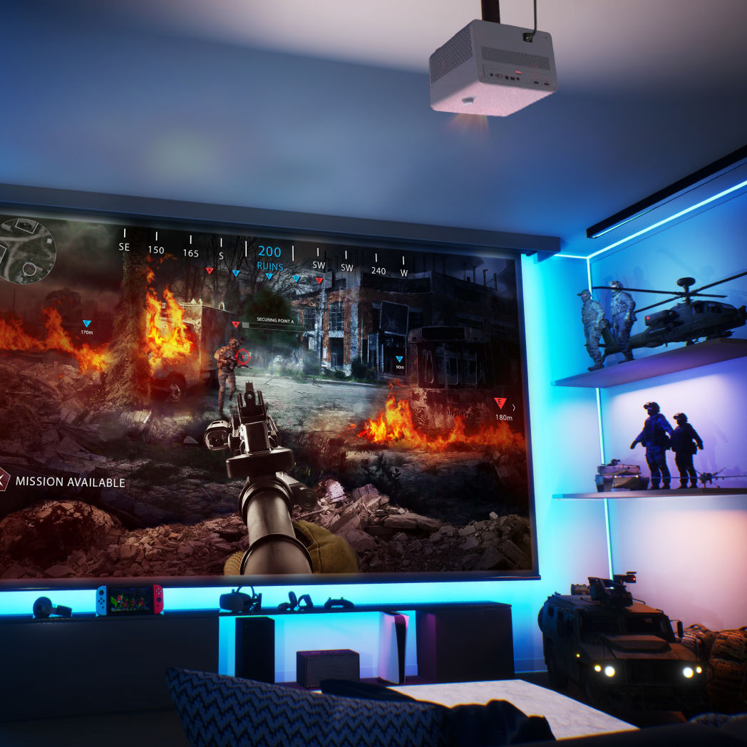 kleine gameroom met gaming projector