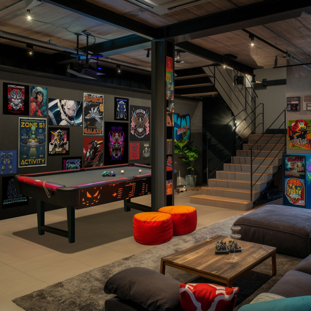 grote gameroom met themadecoratie