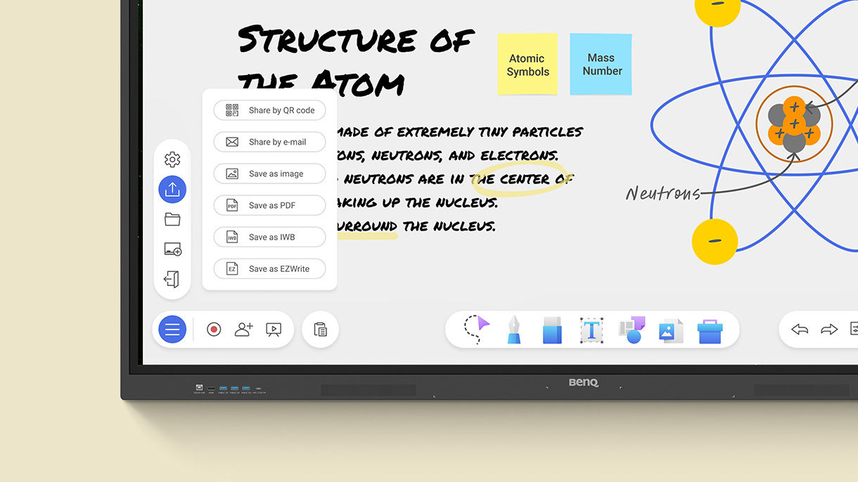 BenQ Smart Board with options to export and import lessons, ensuring continuous learning and easy class progress tracking.