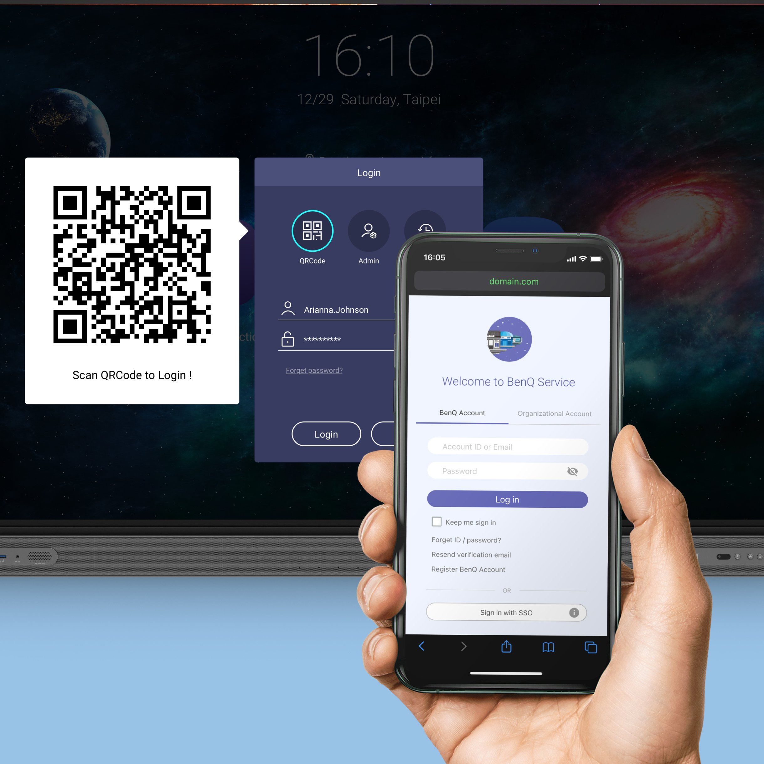 RP8603 | 86" firemní interaktivní displej řady Pro, Přihlaste se do displejů BenQ klepnutím na kartu NFC nebo naskenováním QR kódu.