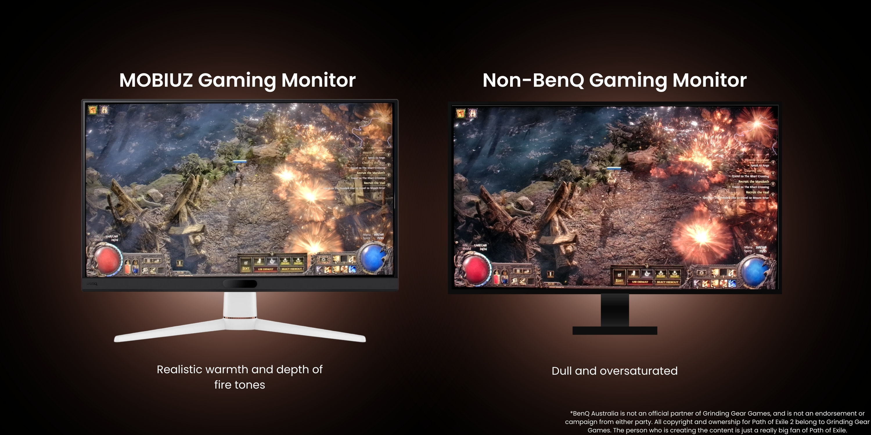 A BenQ MOBIUZ 4K Gaming Monitor showcasing why colour accuracy matters in video games against a competitor.