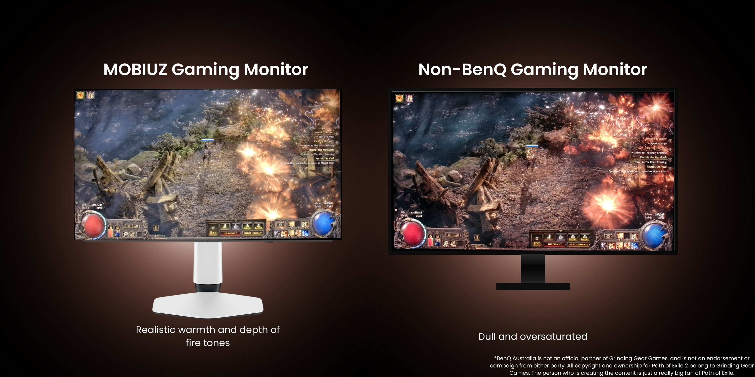A comparison of BenQ MOBIUZ Gaming Monitor colour tuning, compared to other monitor brands, showing brighter and more vivid colours.