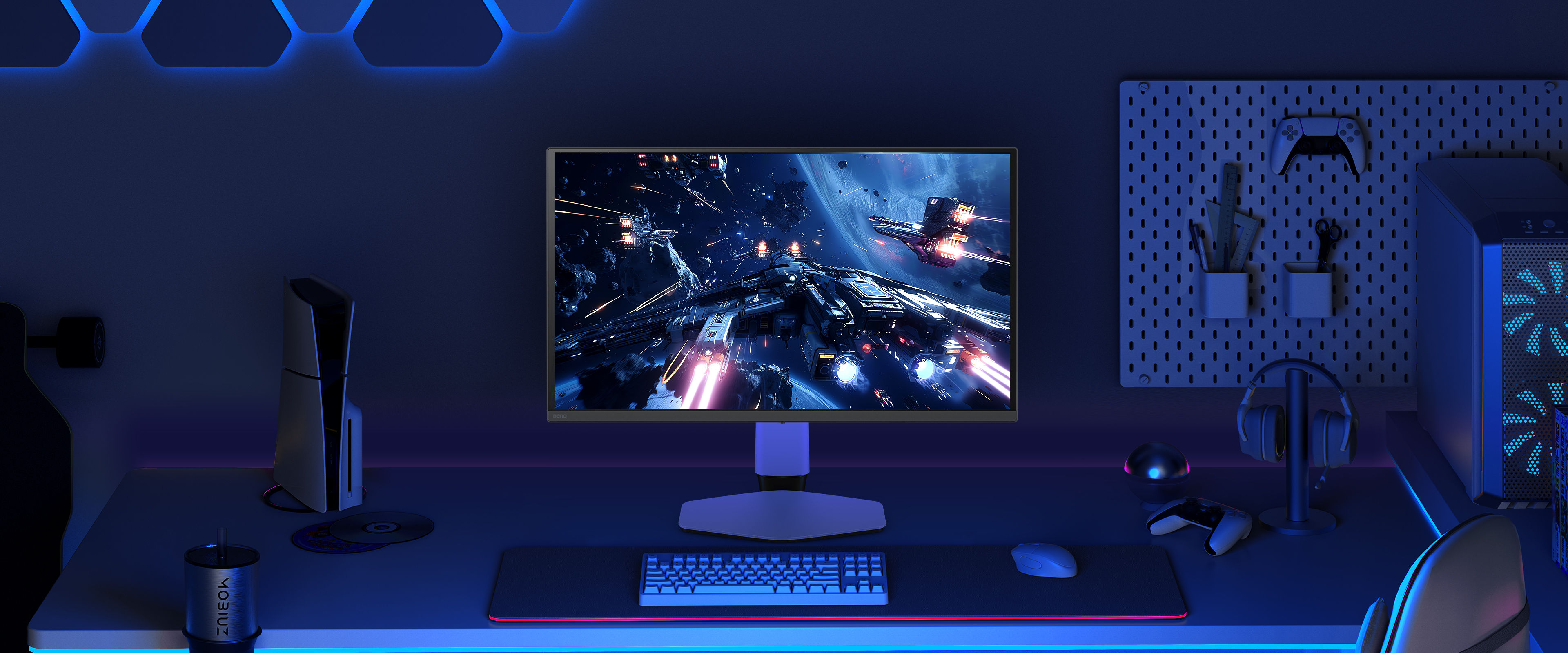 A gaming setup with the BenQ MOBIUZ Gaming Monitor, with both PC and Console connected.