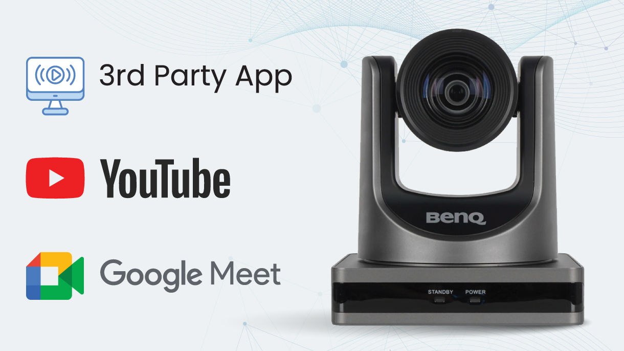 DVY32 camera on top of BenQ Board with Google Meets, Zoom, and TeamViewer Meeting icons