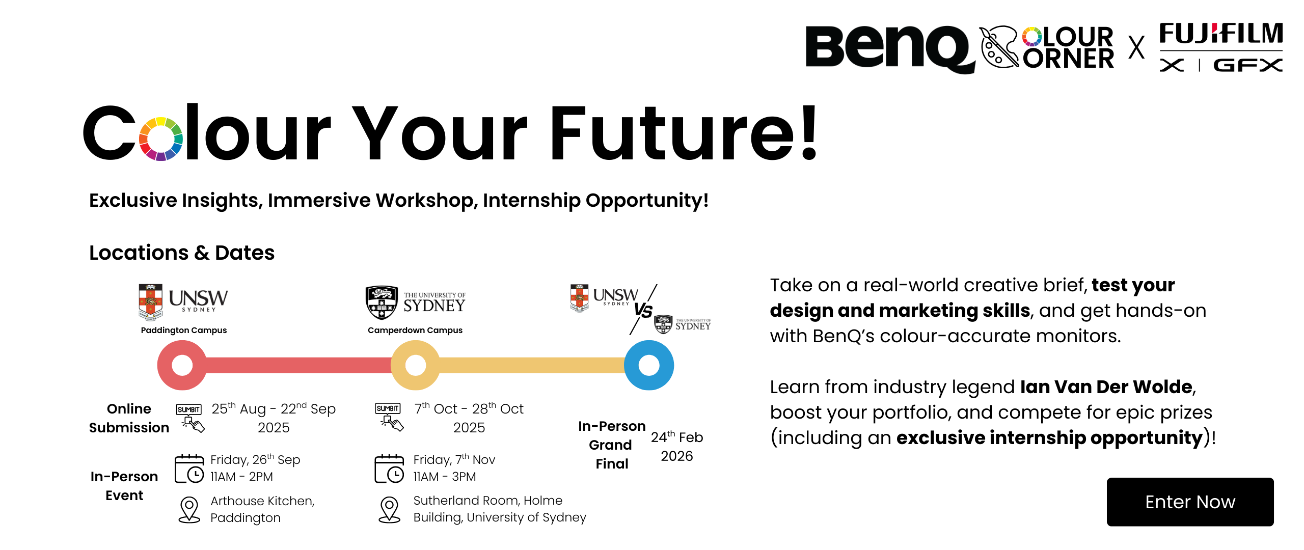Banner showing information about a BenQ Monitor Competition with Fujifilm and Universities.