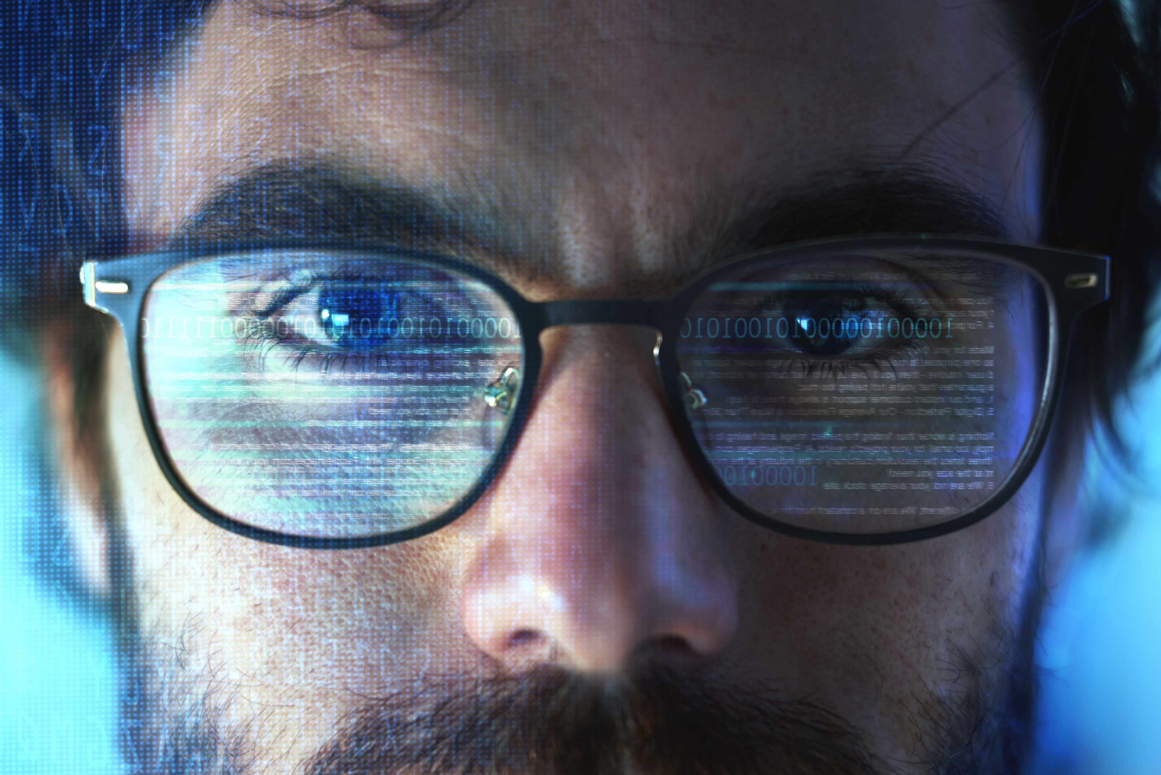 Face, smart glasses and overlay of man with futuristic hologram for cybersecurity. Portrait, iris scanner and person with technology for facial recognition, biometric or digital identification data.