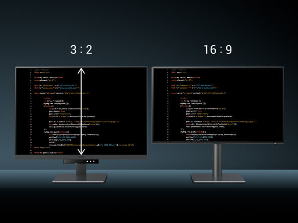 The 24.1” BenQ RD240Q with 16:10 ratio displays four additional lines of code, while the 28.2” 3:2 RD280U shows seven more lines, allowing programmers to see more of their code at once and reducing the need for excessive scrolling. 
