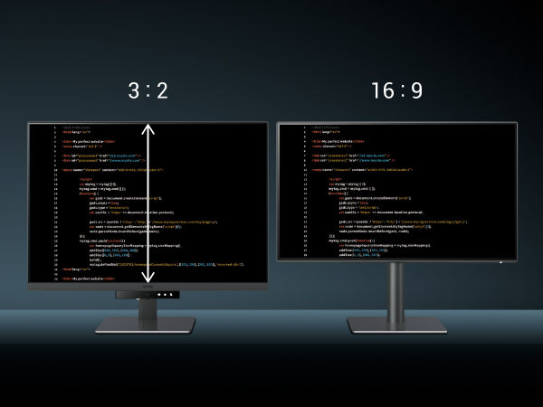 Na výše uvedeném obrázku je vidět, že 28,2” monitor RD280U/RD280UA s poměrem stran 3:2 ukazuje navíc sedm řádků; 24,1” monitor RD240Q s poměrem stran 16:10 pak čtyři další řádky kódu, více informací zde: RD240Q.