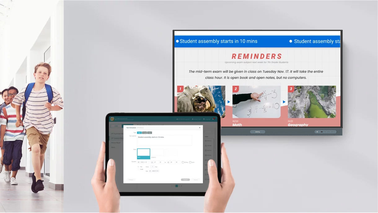 Tablet being used to schedule push content onto a BenQ display remotely in a hallway