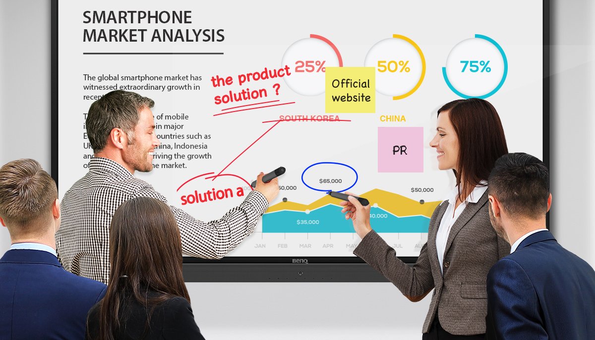 Dòng sản phẩm Màn hình tương tác doanh nghiệp BenQ RP02 Series RP6502 dành cho các bài thuyết trình và thảo luận trên bảng trắng kỹ thuật số.  