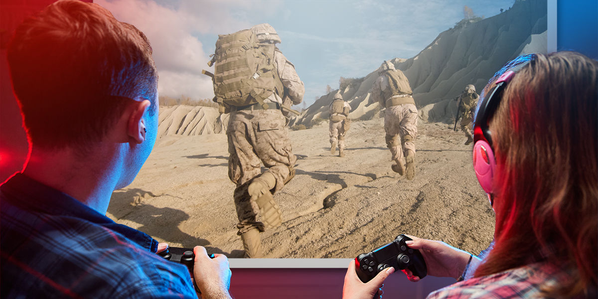 a boy and a girl playing shooting game on PS5/XBOX with a gaming projector