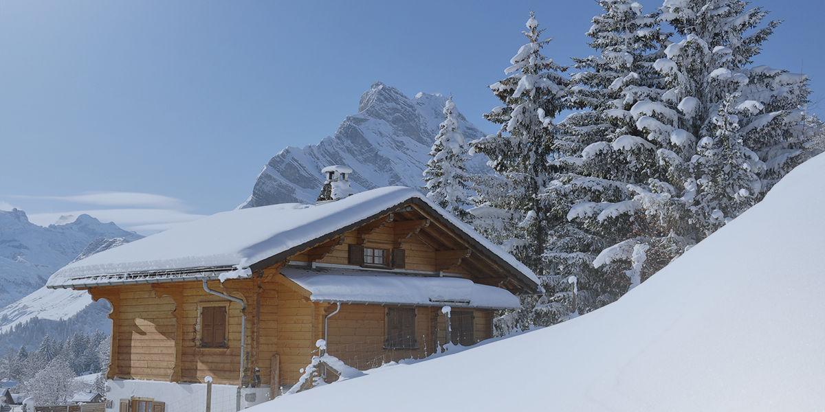 a cabin covered with snow in the mountains in style of series black summer