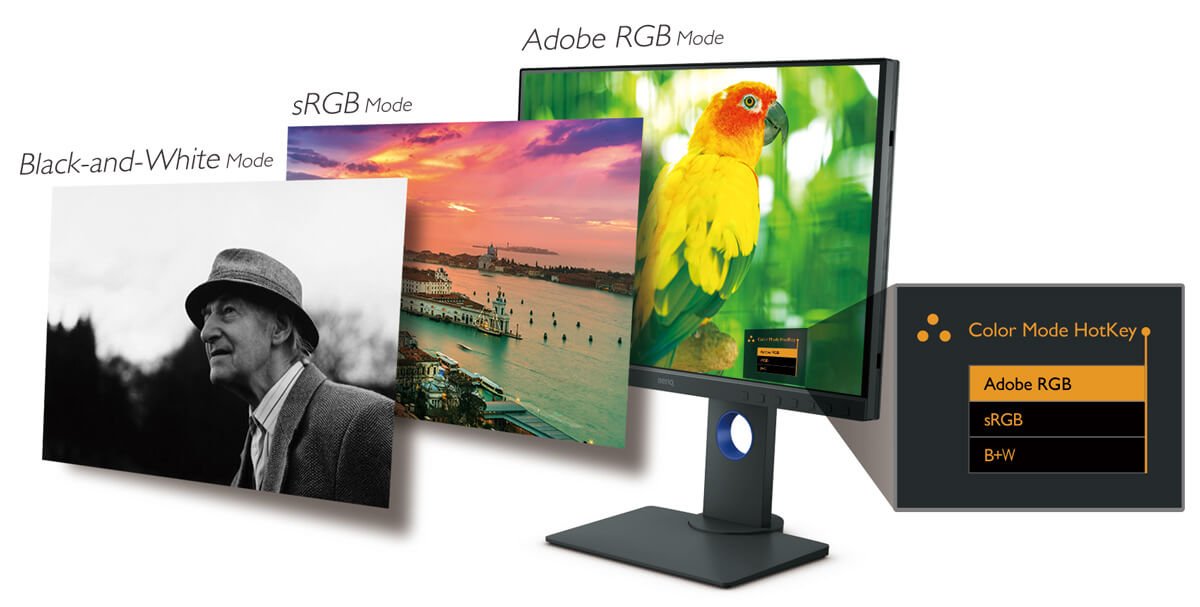 BenQ IPS 24 inch Monitor SW240 is equipped with Hotkey Puck, which can let you switch between Adobe RGB, sRGB, and Black & White modes effortlessly. 