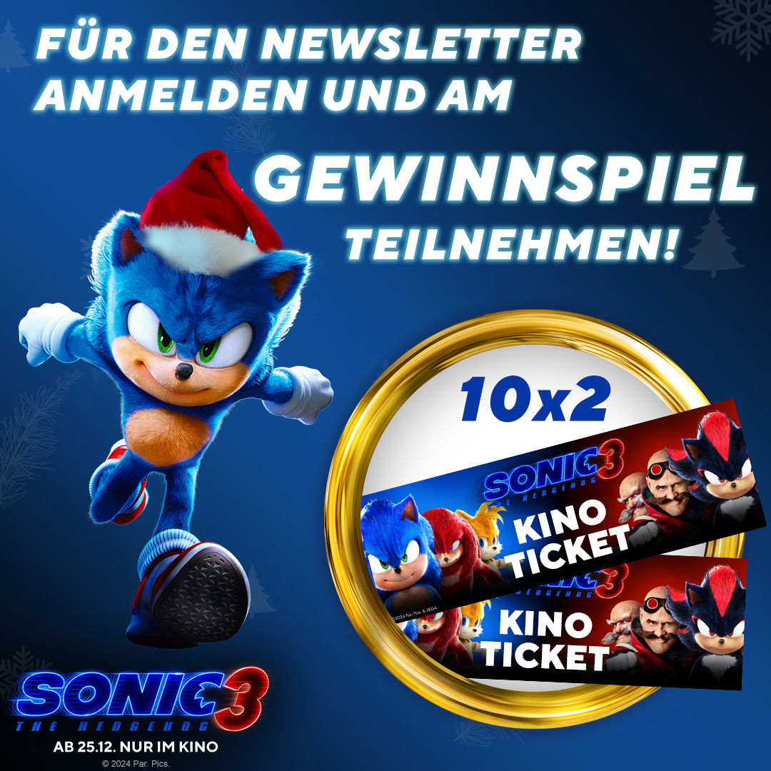 10 x 2 Kinokarten für den Kinofilm Sonic the Hedgehog 3 zu gewinnen